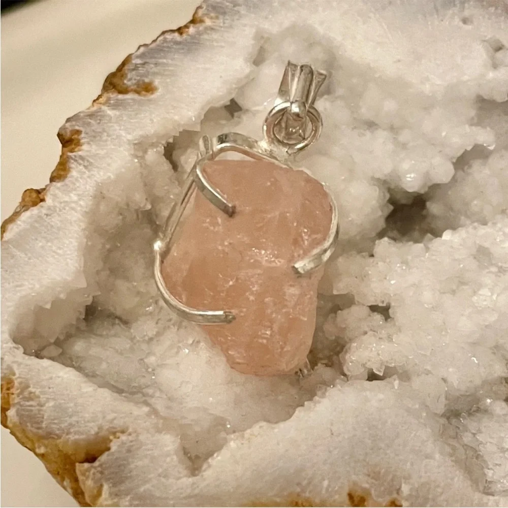 Pink Rose Quartz Sterling Silver Overlay Pendant 925